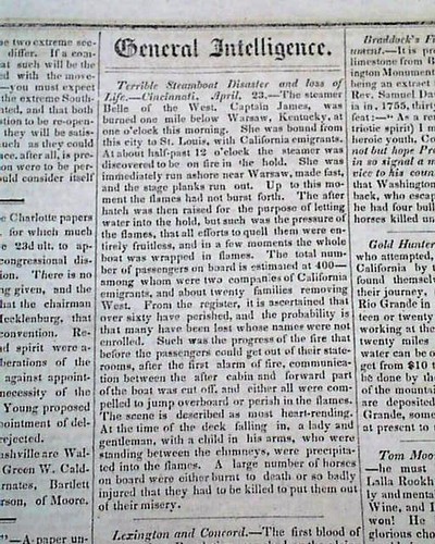 BELLE OF THE WEST Ohio River Steamboat Warsaw KY Boiler Explosion 1850 Newspaper