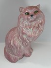 Vintage Ceramic Pink Persian Cat Green Eyes Sitting Statue Large 14" Rare