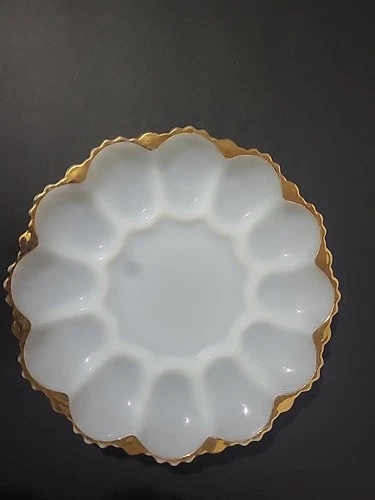 Vintage Anchor Hocking White Milk Glass Deviled Egg Plate Platter with Gold Trim