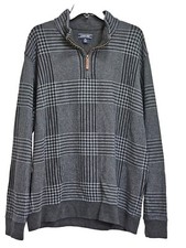 LANDS' END Men's XL 46-48 Gray Plaid Bedford Rib Quarter Zip Pullover Cotton