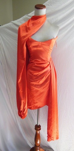 NEW ASOS Hot Red Orange LUXE SATIN Extreme Drape ONE SLEEVE Cocktail DRESS US 0 - Picture 4 of 12