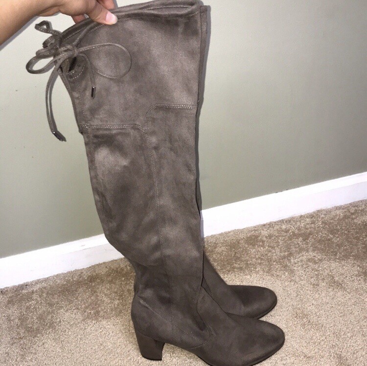 Marc Fisher Women’s Faux Leather Tie Taupe Gray Over the Knee Heel Boots Sz 