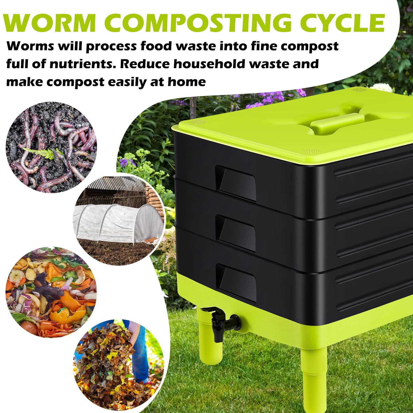 60L Large Worm Farm 3 Trays Worm Composter Bins Composting System Worm Tea eBay