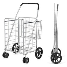 Folding Shopping Cart with Swiveling Wheels and Dual Storage Baskets