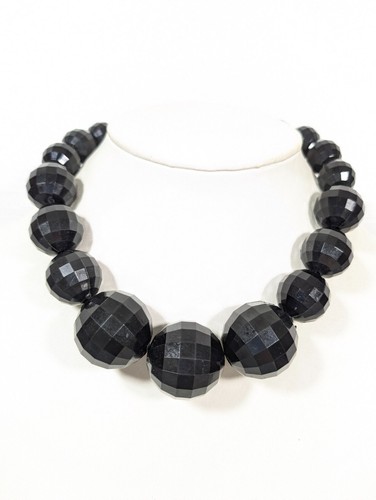Retro Faceted Black Round Graduated Bead Chunky Statement Necklace 20"