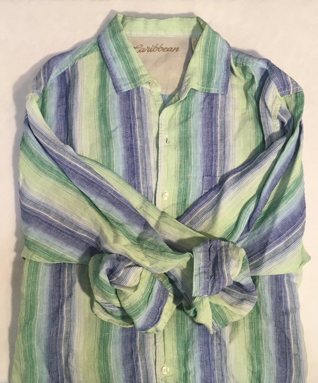 Caribbean Men's Linen Blend Striped Long Sleeve Shirt Blues/Greens Size XL NWT