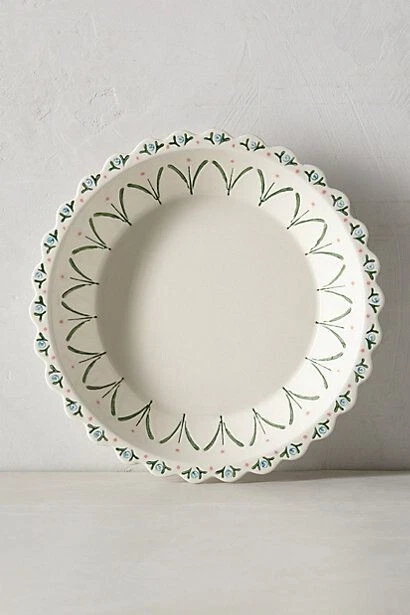 Anthropologie Pie Dish MAELLE Flowers Handpainted Ceramic Pan Scallop Trim NWT