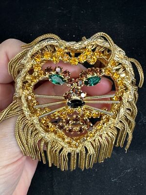 Lion Head Tassels Rhinestone DOMINIQUE Vintage Gold Brooch