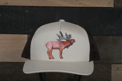 Bugling Elk Patch on a Pacific 104c Trucker Snapback Hat Elk Antlers