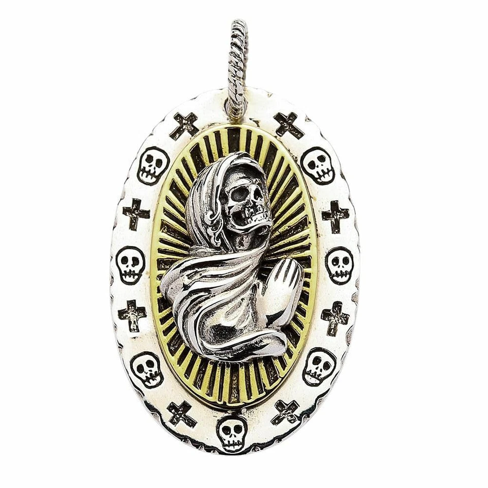 Collar de cuero con colgante de calavera gótica de Santa Muerte de oro de plata de ley para motociclista Foto 2 de 4
