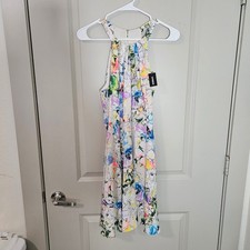 Express Floral Halter Neck Mini Dress Watercolor Pleated Sleeveless Multi 10 NEW