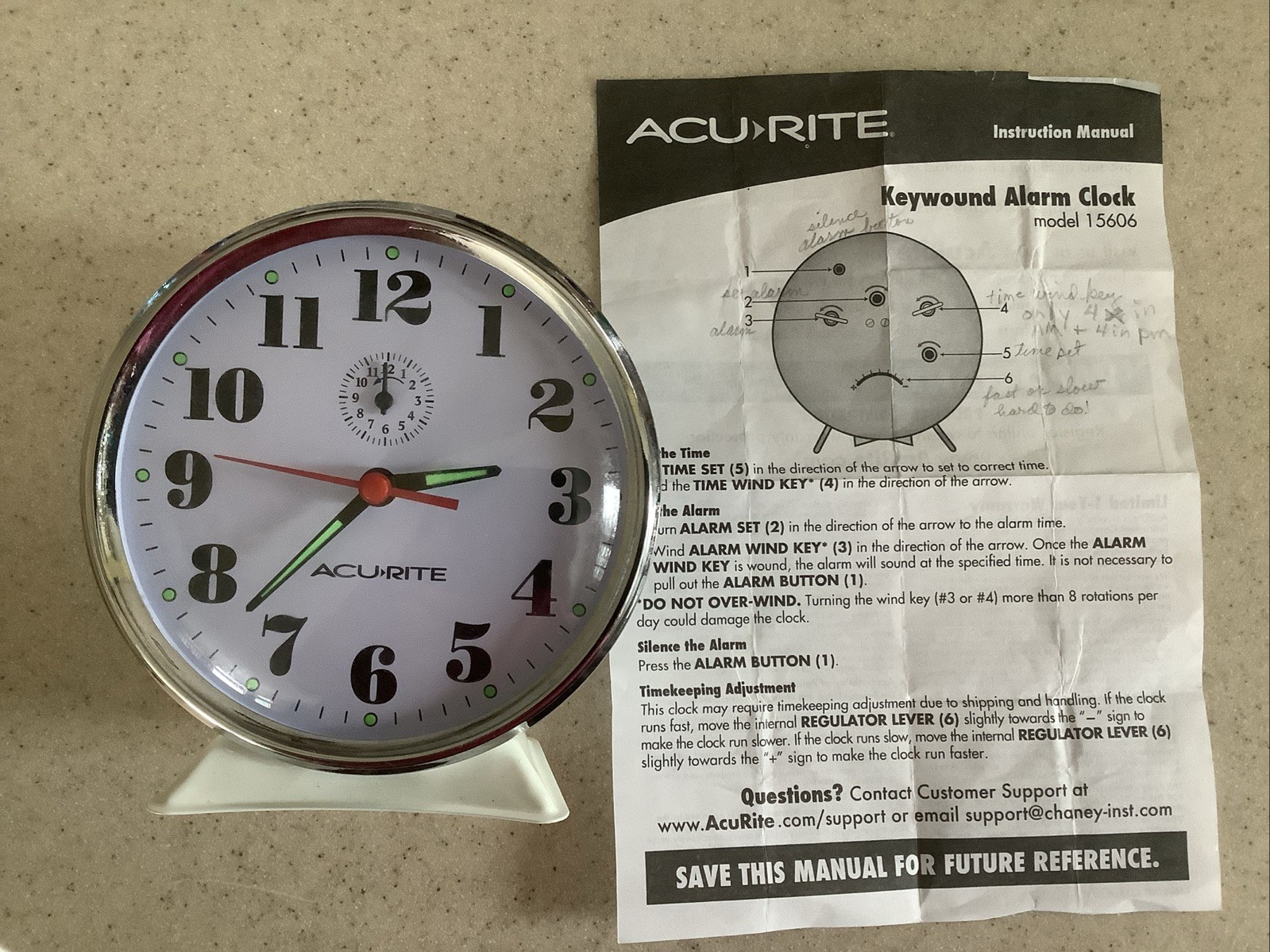 Acurite Key wound Alarm Clock White Model 15606