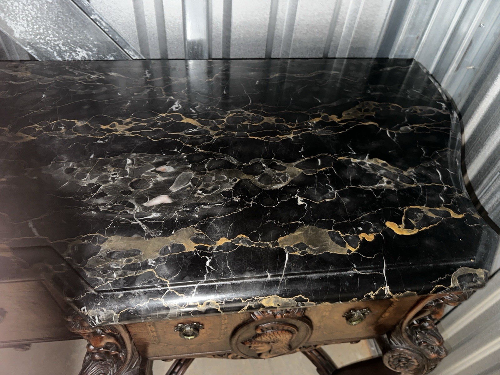 Antique Estate Walnut Black White Vein Marble Top Figural Sideboard Server