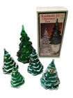 Set Of 5 Fenton Emerald Green Christmas Trees with Flocked Snow