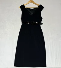 David Meister Pencil Dress 12 Black Belted Shawl Collar Career Evening USA