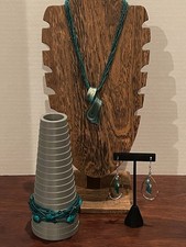 Teal Seed Bead Multi Strand Necklace Glass Pendant Earrings Bracelet Boho Set