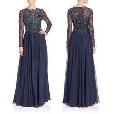 BASIX BLACK LABEL Georgette Bead Embellished Floral Long-Sleeve Flowing Gown, 0