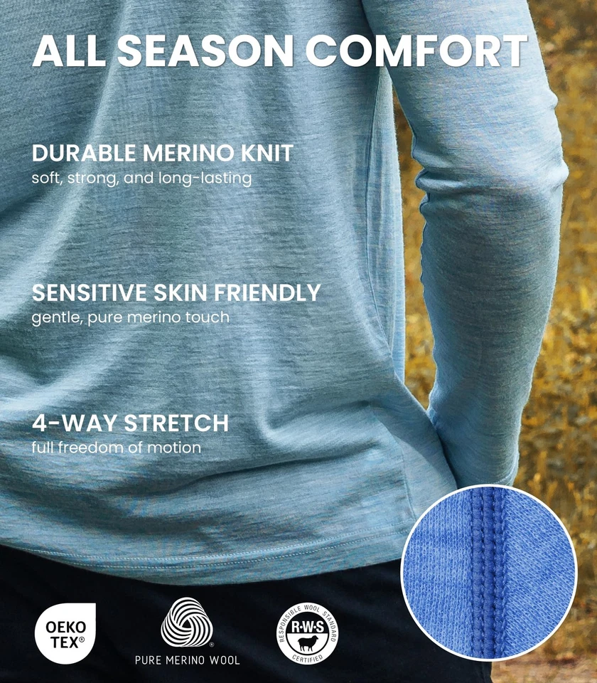 Merino Wool Base Layer Mens Set - Heavyweight, Midweight, Lite Merino Wool Th... - Image 4 of 4