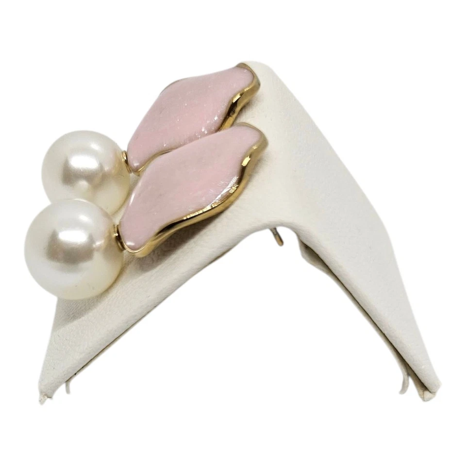 Large Pink Druzy Look Resin & Pearl Statement Drop Earrings Gold Tone - Image 2 of 4