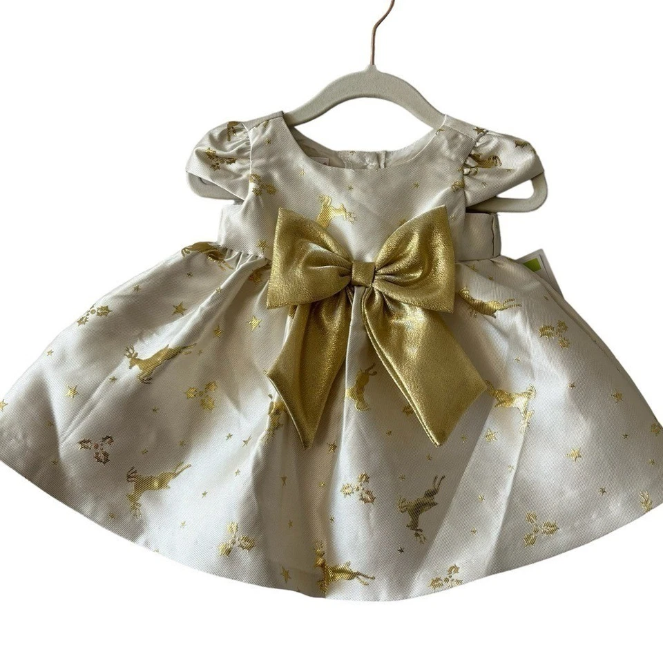 Vestido Bonnie Jean Bebé Blanco Dorado Estampado Ciervo Navidad Formal Manga Corta 3-6m Foto 2 de 4