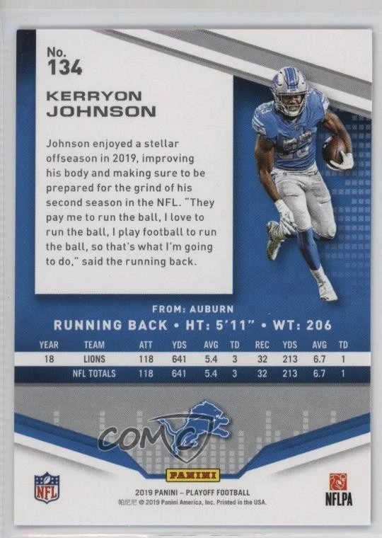 2019 Panini Playoff Kickoff Kerryon Johnson #134 - Image 2 of 3