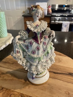 Vintage Beautiful Porcelain Figurine, Victorian Lady in Lacey Floral Dress, EUC - Image 1 of 4