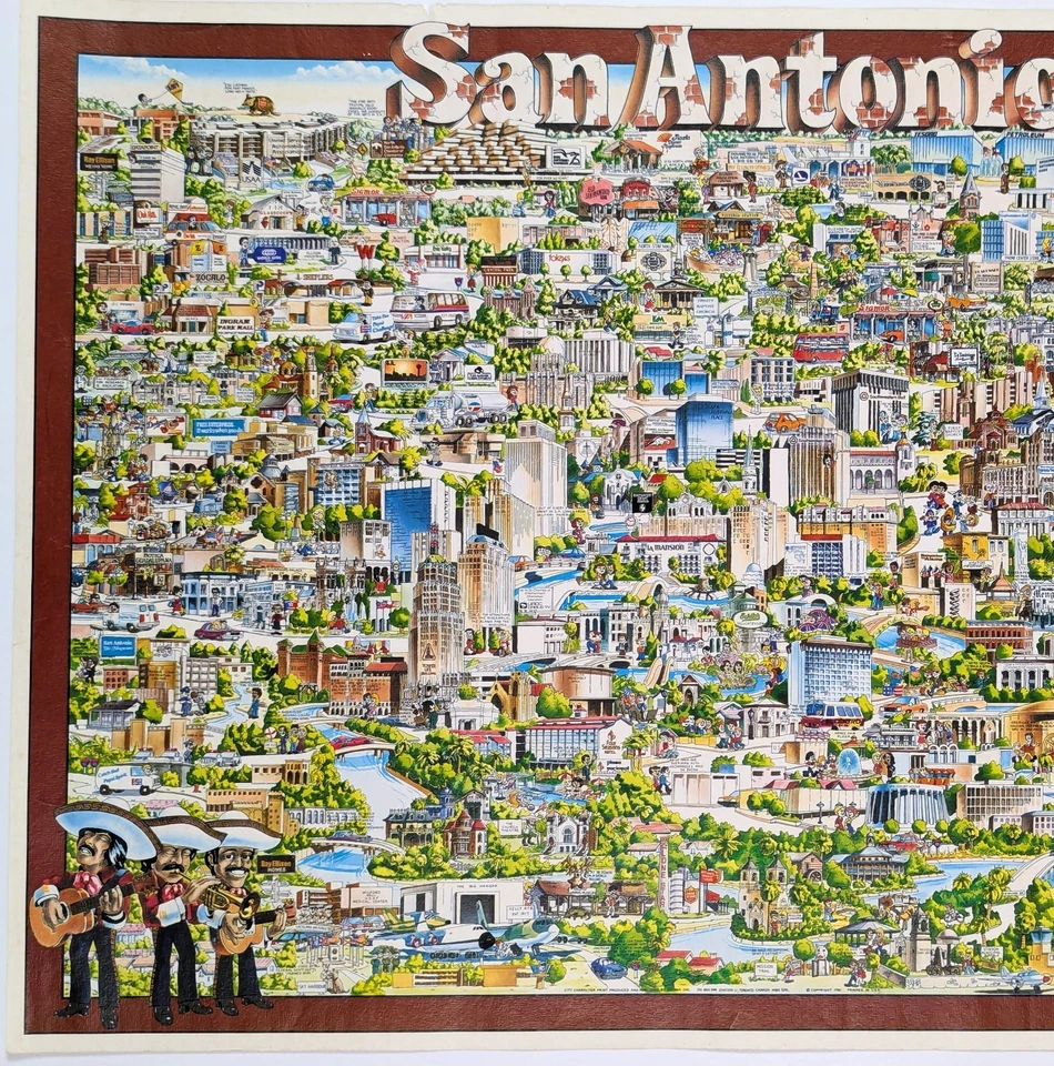 1981 САН-АНТОНИО живописная карта оригинал (17 x 12) RIVERWALK - ALAMO - MARIACHIS - Изображение 3 из 4