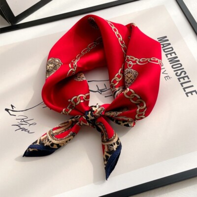 100% Mulberry Silk 20'' Small Scarf For Women Neckerchief Wrap Red Leopard Print
