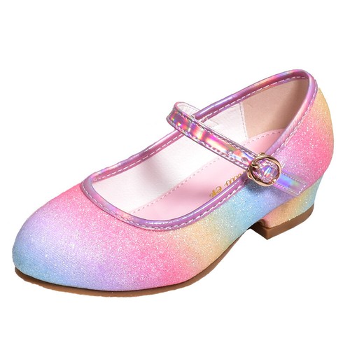 Kids Girls Party Wedding Mary Jane Rainbow Bow Sparkly Sandals Low Heel Shoes UK - Picture 16 of 23