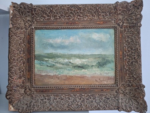 Peinture antique huile sur toile paysage bord de mer encadrée par Gustave Balenghien. - Photo 2 sur 15