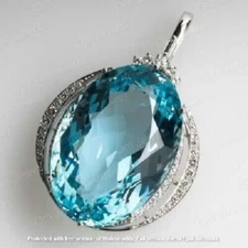 3Ct Oval Cut Aquamarine Diamond Halo Pendant 14K White Gold Finish Free Chain