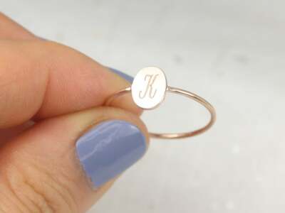 Letter K Delicate Oval Shape Initial Engagement Wedding Ring 14K Rose Gold  Over