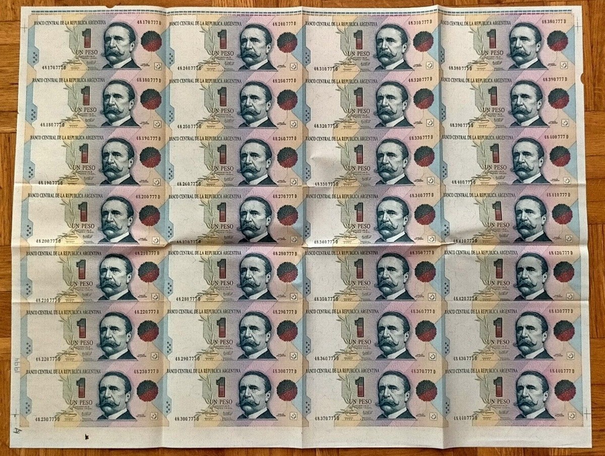 ARGENTINA 1 Peso 1992 Plate of 28 pieces in incut matrix Prefix D