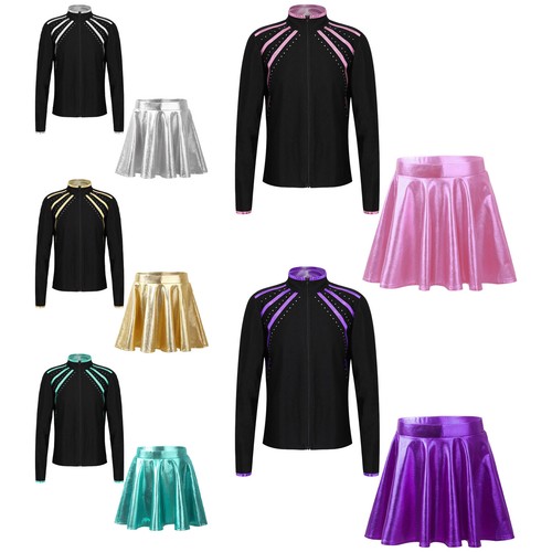 Kids Girls Outfits Competition Costume Shiny Dancewear Zipper Jacket Soft 2pcs - Afbeelding 1 van 60