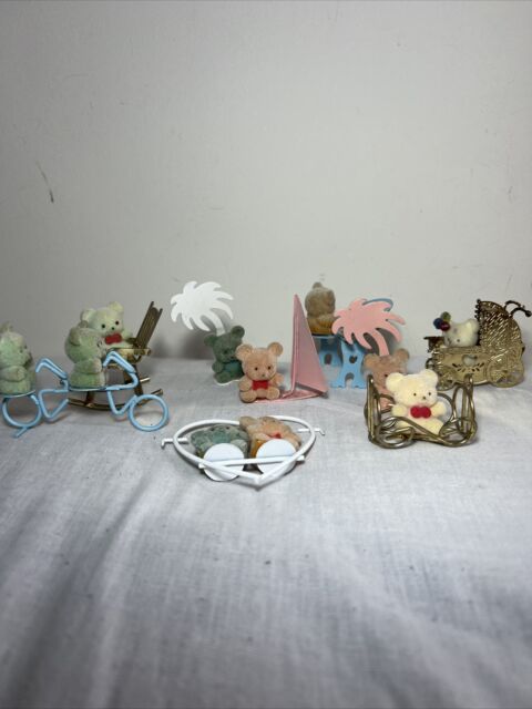 Vintage Flocked Teddy Bears Miniauture Ornaments Mini Avon Toys 1980s Metal