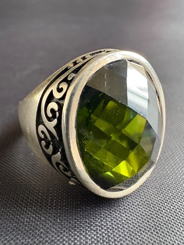 Vintage 925 Sterling Silver Ring Green Zircon Ring Handcrafted Ring Size 12.5 US