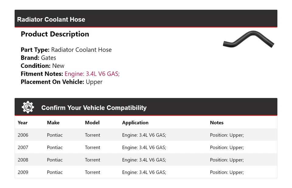 Manguera de refrigerante de radiador de gas V6 de 3,4 L para Pontiac Torrent 2006-2009 puertas superiores 2007 Foto 2 de 4