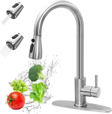 Kitchen Faucet Pull Down Sprayer Swivel Spout 3 Holes Brushed Nickel Mixer Tap