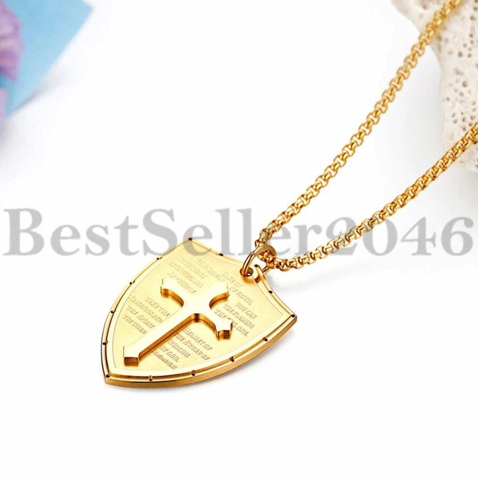 Hombres Escudo Armadura de Dios Efesios 6:16-17 Fe Cruz Collar Colgante Cadena 24" Foto 3 de 4