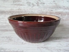 Antique USA Dark Brown Stoneware Primitive Pottery Mixing Bowl Embossed Ribbed
