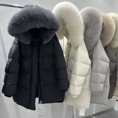 Warm Womens Real Fox Fur Collar Mid Long Down Jacket Hooded Coat Overcoat Zipper - Picture 6 of 25