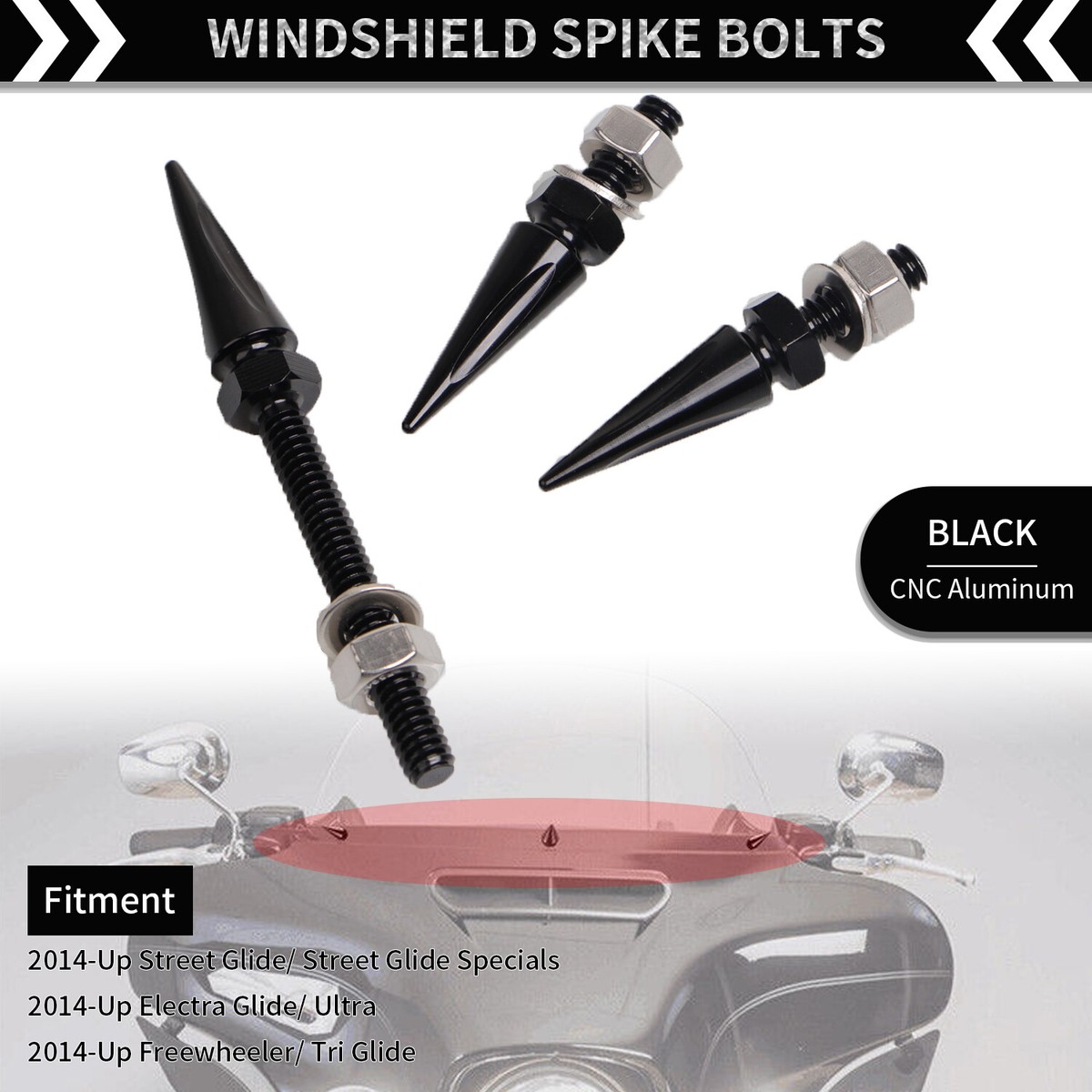Black Anodized Windshield Spike Bolts For Harley Street, Electra Glide, Freewheeler (2014) – Billet Style