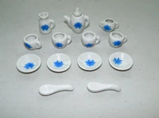 Vtg 14 Piece Miniature Dollhouse Tea Set Blue Flower Graphics Porcelain Spoons