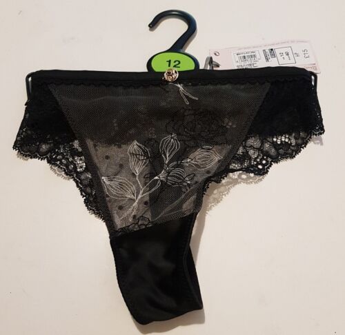 New M&S Rosie Black Mix Embroidered Swiss Lace Thong Size UK 12 - Picture 1 of 2