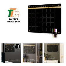 Black Glass Golden Monthly Dry Erase Calendar Whiteboard for Wall, 17" x 23",...