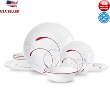 Splendor Red White Dinnerware Set 12-Piece Glass Classic Style Kitchen Dining US