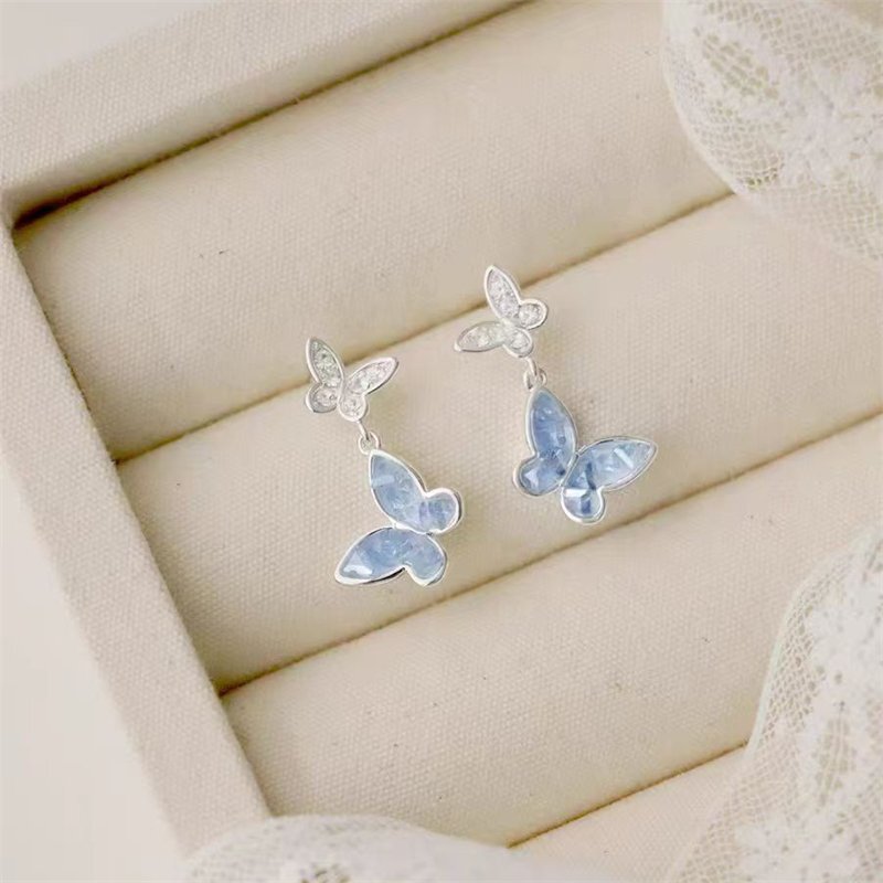 Fashion 925 Silver Crystal Butterfly Earrings Stud Women Drop