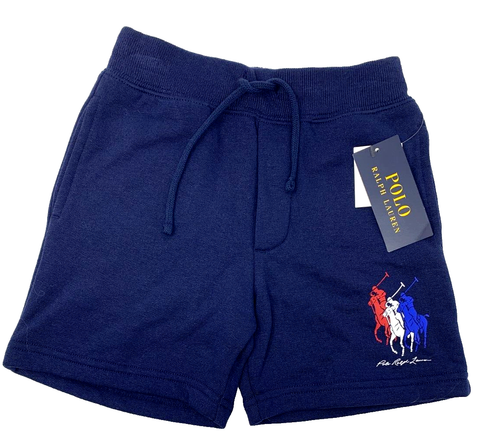 NWT Ralph Lauren Boys 4 Blue Pull-on Shorts with Big Red White Blue Pony Logo