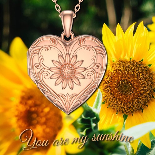 10K Solid Rose Gold Sunflower Heart Locket Necklace That Holds 2 Picture,Your... - Picture 6 of 6