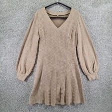 Women Sweater Dress Large Khaki V Neck Textured Knit Bishop Long Sleeve Boho